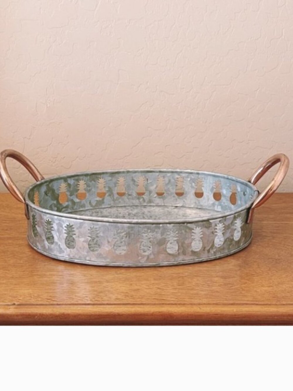 Tray Galvanized Silver Metal Pineapple Cut Out Copper Handles Serving Decorative